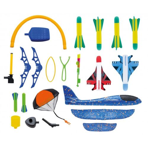 Buki Repülési Tudomány készlet alkatrészei: rakéták, repülők, ejtőernyő és kilövő alkatrészek