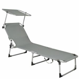 Springos grey folding sun lounger with canopy, angled view - Springos