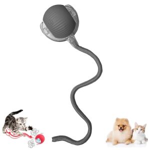 Interaktív labda kutyáknak és macskáknak NEXTLY, magától mozog, 3 működési mód - lassú, gyors, interaktív, LED világítás, USB kábeles töltés, integrált levehető vezeték, szürke színű.