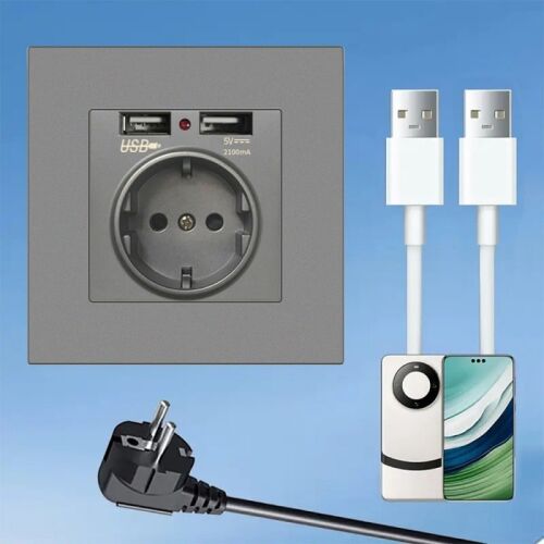 Techstar TS-PC fali aljzat 2 USB porttal, szürke, EU szabvány, telefon töltési példával 