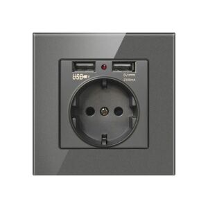 Priza de Perete cu 2 Porturi USB si Rama din Sticla Techstar® TS-GL, 110-250V, 16A, Ignifuga, 86x86mm, Gri 136354008 - Lămpi și iluminat