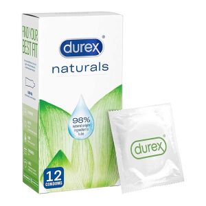 Prezervative Durex Naturals, pachet de 12 bucăți cu ambalaj individual pentru prezervativ - Durex