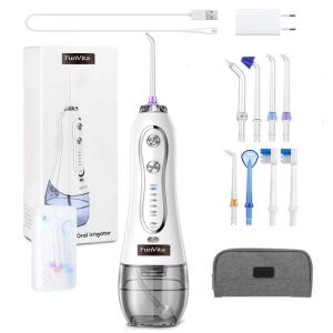 Irrigator doustny FunVita z akcesoriami: dysze, ładowarka i etui podróżne. - Prysznic do ust