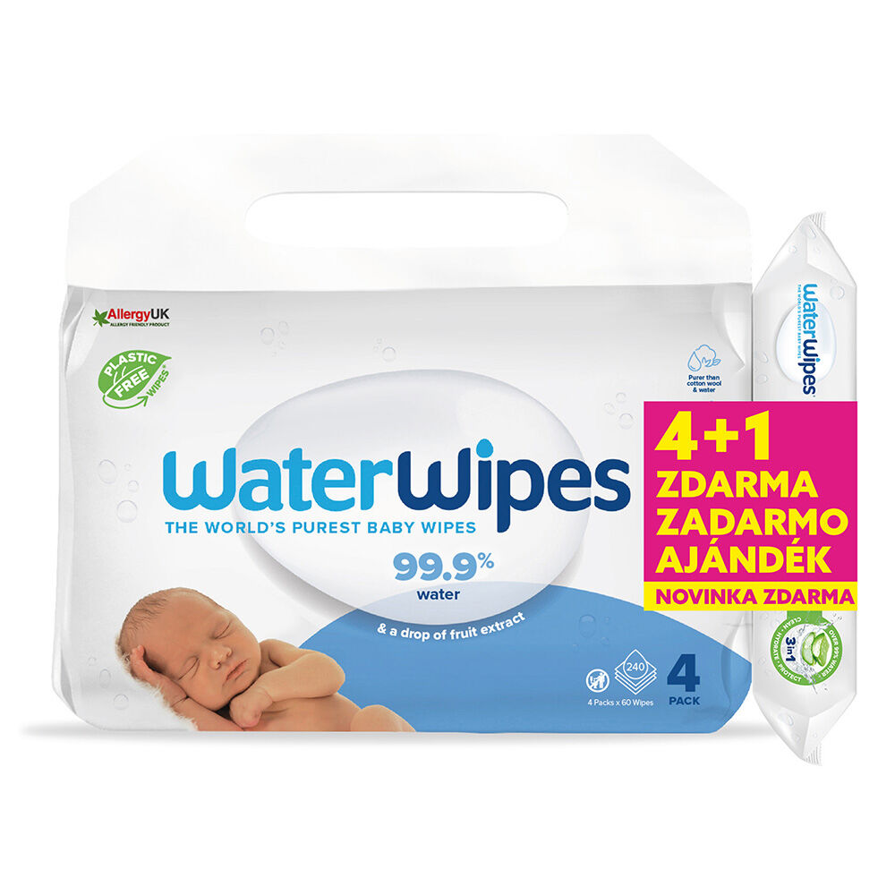 4x WATERWIPES Műanyagmentes nedves törlőkendő 60 db (240 db) + Hy...