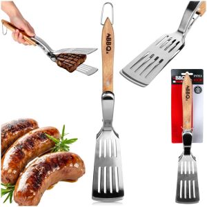 BBQ spatula-fogó, rozsdamentes acél/fa, 40 cm, ezüst/barna