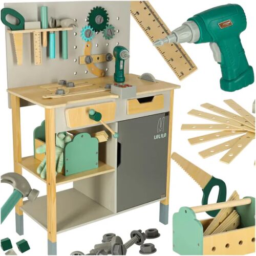 Fa Műhely Kis Ezermester Készlet wooden workbench and tools collage