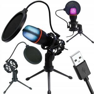 RGB USB Studio Mikrofon mit Ständer und Popfilter für Streaming und Gaming - Mikrofone