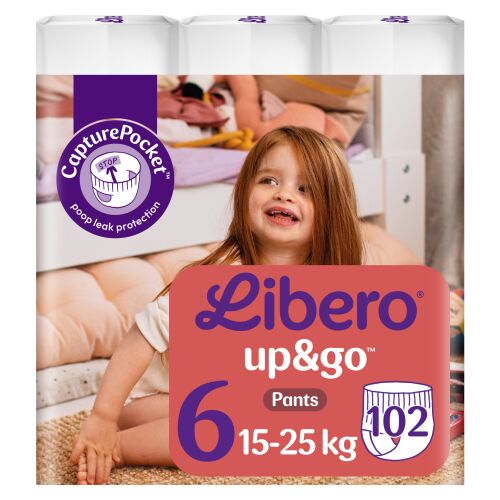 Libero Up&Go mărimea 6 (15-25kg) scutece chiloțel Junior, 102 bucăți, pentru copii mici activi