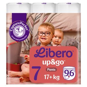 Scutece chiloțel Libero Up&Go Mărimea 7 (17+ kg), pachet de 96 bucăți, pentru bebeluși activi cu buzunar Capture Pocket pentru protecție împotriva scurgerilor - Libero