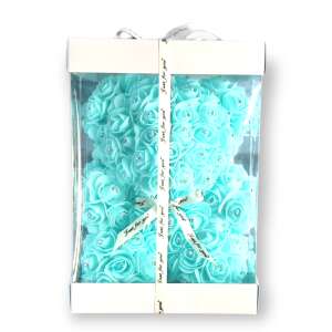 Türkiz rózsás maci csillogó strasszkővel ajándékdobozban - Ajándék ötlet Valentin-napra