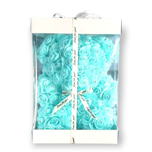 Türkiz rózsás maci csillogó strasszkővel ajándékdobozban