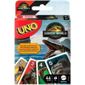 Kartová hra UNO Jurassic World Rebirth od Mattel, s obrázkami dinosaurov. Zábavná kartová hra pre rodinný herný večer. - Mattel