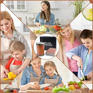 Колаж на комплект ролкова точилка Koken със семейство, използващо остри ножове - Острилка за ножове