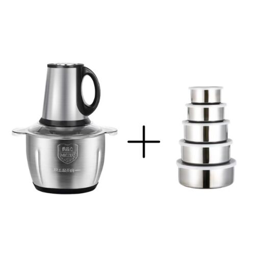 Elektrický sekáčik, nehrdzavejúca oceľ, 4 čepele z nehrdzavejúcej ocele, nádoba z nehrdzavejúcej ocele, 2 l + sada 5 nerezových zapekacích misiek s pokrievkami