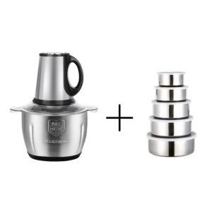 Tocator electric, inox, 4 lame din otel inoxidabil, recipient din inox, 2 L + set 5 caserole din inox cu capac