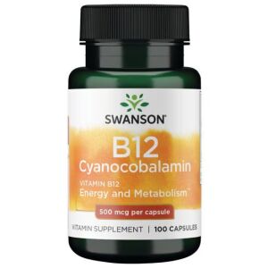 Swanson Vitamina B12 Cianocobalamină 500 mcg, 100 capsule pentru susținerea energiei și a metabolismului - Supliment alimentar