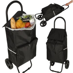 Collage of black shopping trolley bag with groceries and different angles - Kik