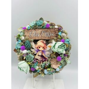 Kék és lila tündéres ajtódísz 'Édes Otthon' felirattal - Ajtódísz