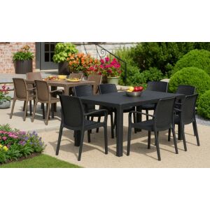 Corri 6+1 kerti étkezőgarnitúra fekete és barna színben, szögletes asztallal és karfás székekkel kültéri étkezéshez - Kerti fotel & Szék