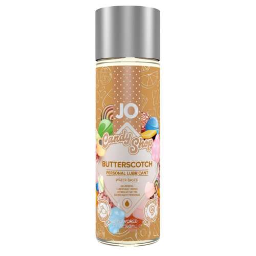 JO Candy Shop Butterscotch vízbázisú síkosító, 60ml, cukormentes, ízesített, vegán, parabénmentes, glikolmentes, pH-semleges, vízbázisú, hosszan tartó, sima, selymes, krémes, nem ragad, cukormentes, természetes édesítőszerekkel, nem hagy foltot, nulla kalória, vízzel könnyen tisztítható, bármilyen anyagú szex-játékszerrel használható, óvszerbarát