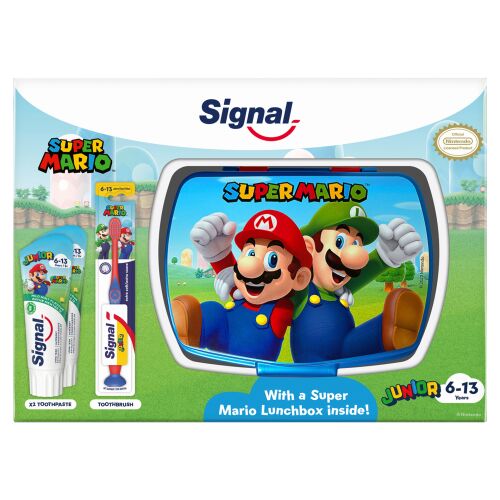 Signal Kids Super Mario ajándékcsomag fogkrémmel, fogkefével és uzsonnás dobozzal