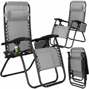 Springos grey zero gravity chair with cupholder, multiple views - Sun Lounger & Deck Chair