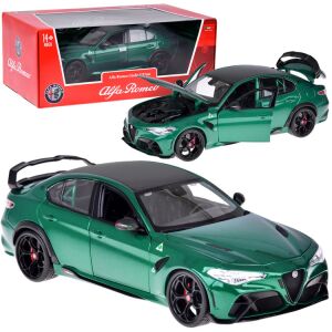 Kollázs egy zöld Alfa Romeo Giulia GTAm 1:18 méretarányú modellautóról nyitott funkciókkal és csomagolással - Bburago
