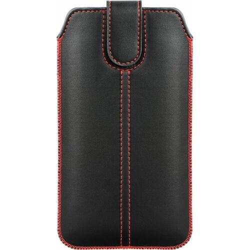 Forcell Pocket schwarze Lederhandyhülle mit roten Nähten für iPhone 12/13 Mini