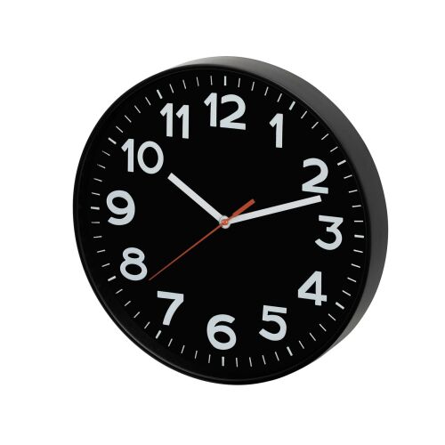 Home AWC300BK black wall clock with white numbers, angled view