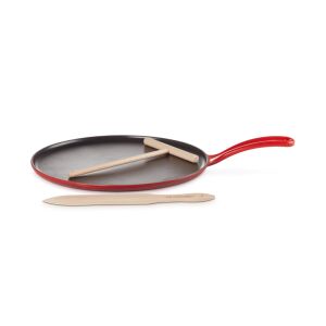 Le Creuset piros palacsintasütő fa palacsintaelosztóval és spatulával - Le Creuset