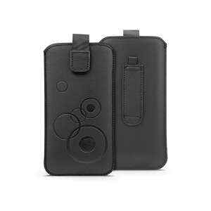 Forcell Deko black faux leather phone pouch for iPhone 13/13 Pro with circle pattern, front and back view - Phone Case