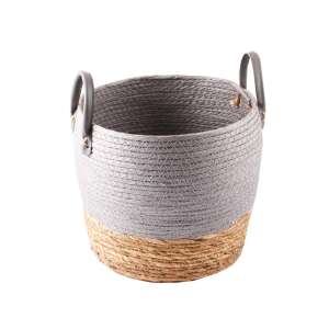 Szürke és natúr fonott tároló kosár bőr fogantyúkkal - Tárolás & Rendszerezés