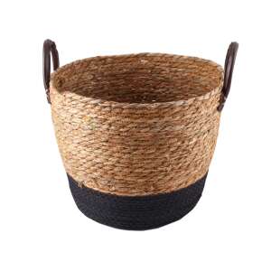 Természetes szőtt tároló kosár fekete szegéllyel és bőr fogantyúkkal - Tárolás & Rendszerezés