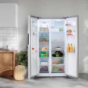 DOMO 555L side by side hűtőszekrény nyitott ajtókkal, teljesen feltöltve élelmiszerrel - Side by side hűtőszekrény