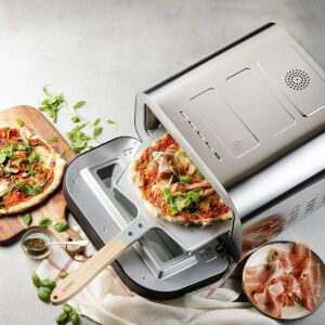 DOMO Pizza Genius elektromos pizzasütő használat közben, pizzával a lapáton - Domo