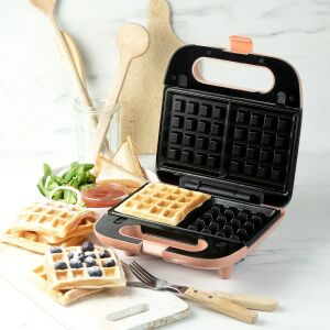 DOMO Snack Party 2-в-1 розов уред за гофрети и сандвичи, правещ гофрети - Уред за приготвяне на сандвичи