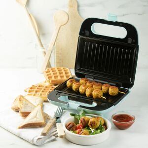 DOMO 3 az 1-ben szendvicssütő, ideális szendvicsekhez/gofrihoz/grillezéshez, PFOA-mentes tapadásmentes lapok, termosztát, fényjelzők, egyszerű tisztítás, gyors előkészítés, pasztellkék