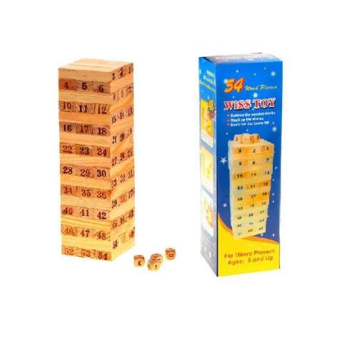 Jenga game set with 54 wooden blocks and 4 dice