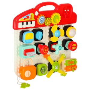 Összecsukható interaktív Montessori szenzoros tábla, fény-hang kockákkal, 18+ hó