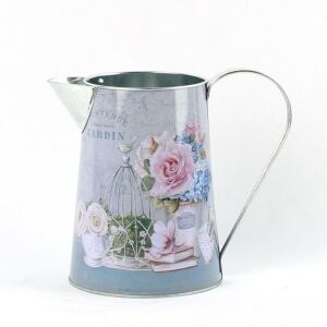 Szürke bádog kiöntő romantikus rózsa mintával, vintage stílusú fém kancsó virágokhoz vagy italokhoz - Kancsó
