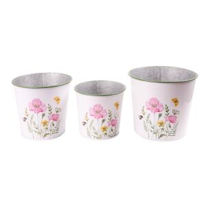 3 részes fehér bádog kaspó szett, rózsaszín pipacs mintával, 11,5-15 cm - Iris