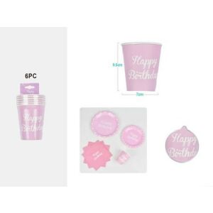 Family pohár papír rózsaszín "happy birthday" 9cm 6db-os 136745154 - Eldobható pohár