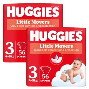 Două pachete de scutece Huggies Little Movers mărimea 3 pentru bebeluși de 4-9 kg - Schimbarea scutecelor