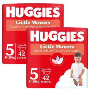 Dva paketa Huggies Little Movers pelena veličine 5 za bebe od 11-25 kg, ukupno 84 komada - Pelene