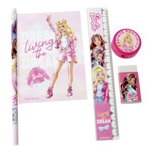 Barbie 5 darabos írószer szett, ceruzával, notesz-el, vonalzóval, radírral és hegyezővel - Írószer szett