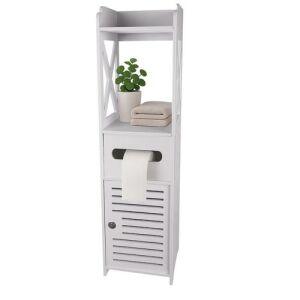 Voľne stojaca biela uzamykateľná kúpeľňová skrinka s držiakom na toaletný papier 80 × 20 × 21 cm