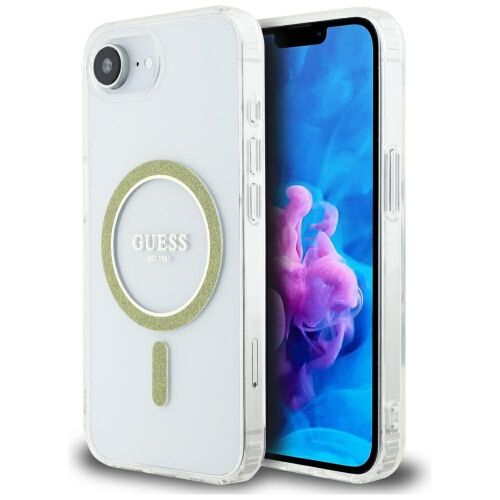Guess iPhone 16e átlátszó tok csillogó körrel és MagSafe funkcióval - Guess