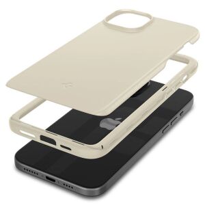 Spigen Thin Fit Béžový obal pre iPhone 15 Plus - rozložený pohľad zobrazujúci ochranu telefónu - Spigen