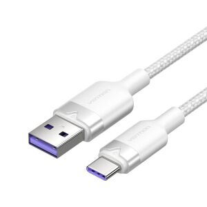 Vention USB 2.0 A - USB-C 6A kábel, 2 méter, fehér szövettel - USB kábel