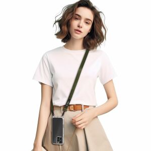 Nő viseli a Tech-Protect C6S Khaki Crossbody Telefontartó pántot - Telefontartó babakocsira